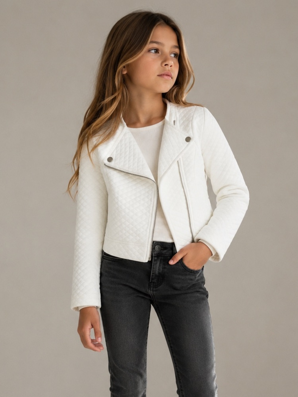Lee Cooper Girls White Quilted Moto Jacket Size 10 Asymmetrical Zip Biker Style
